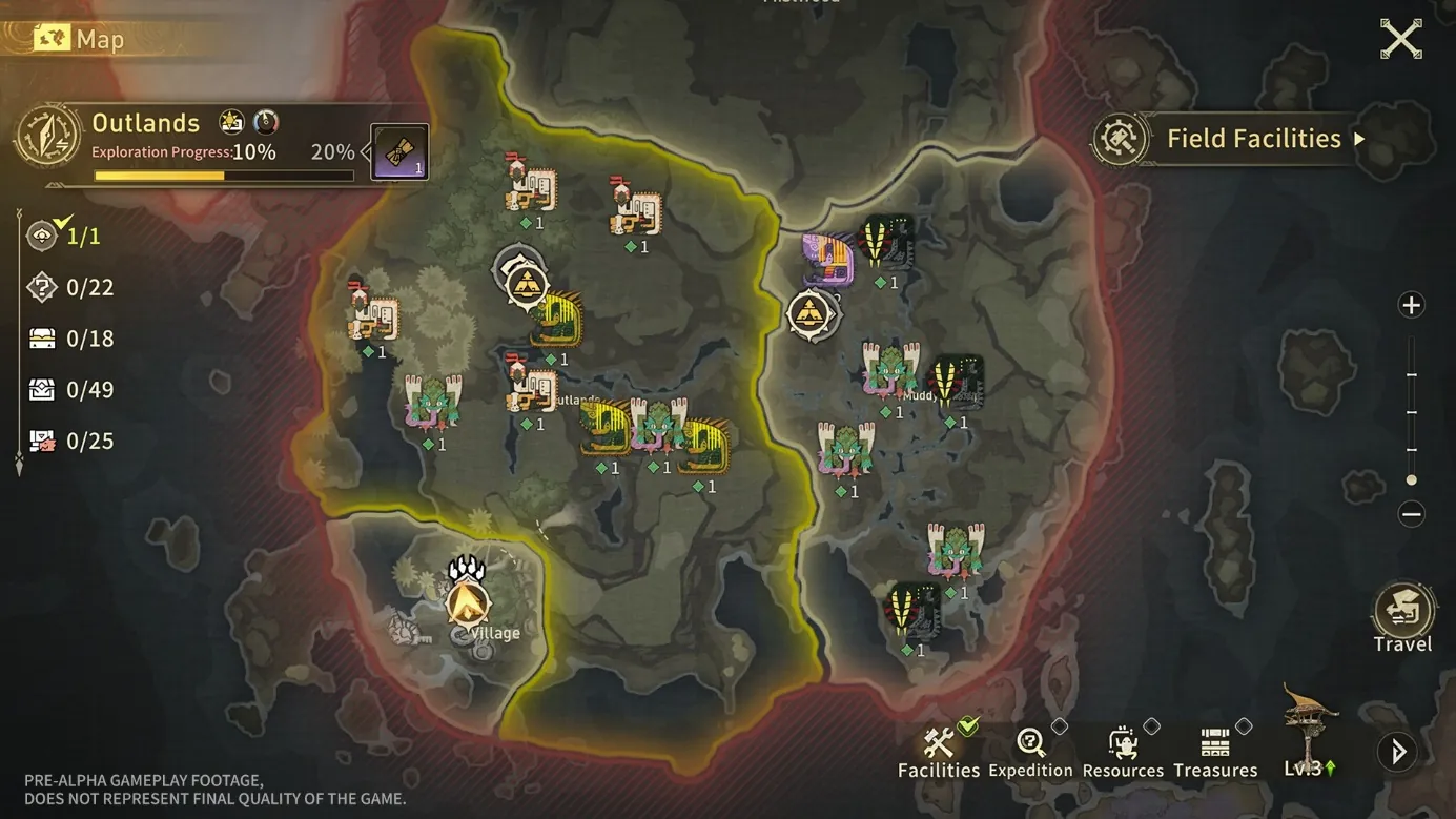 Monster Hunter Outlanders in-game map of the Outlands region with monster icons, the Village and exploration progress
